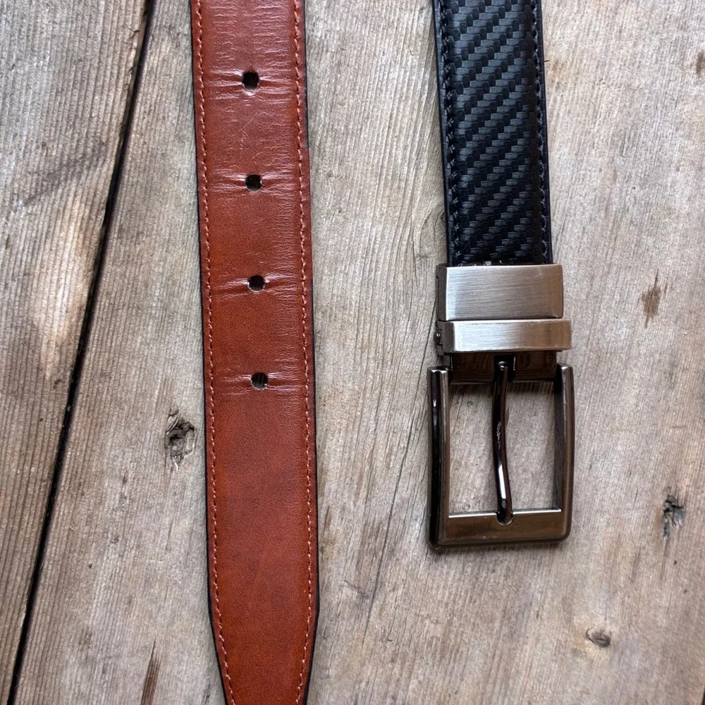 Men's Reversible Belt L 45 Black Carbon Fiber Cognac Brown Gunmetal BucklE